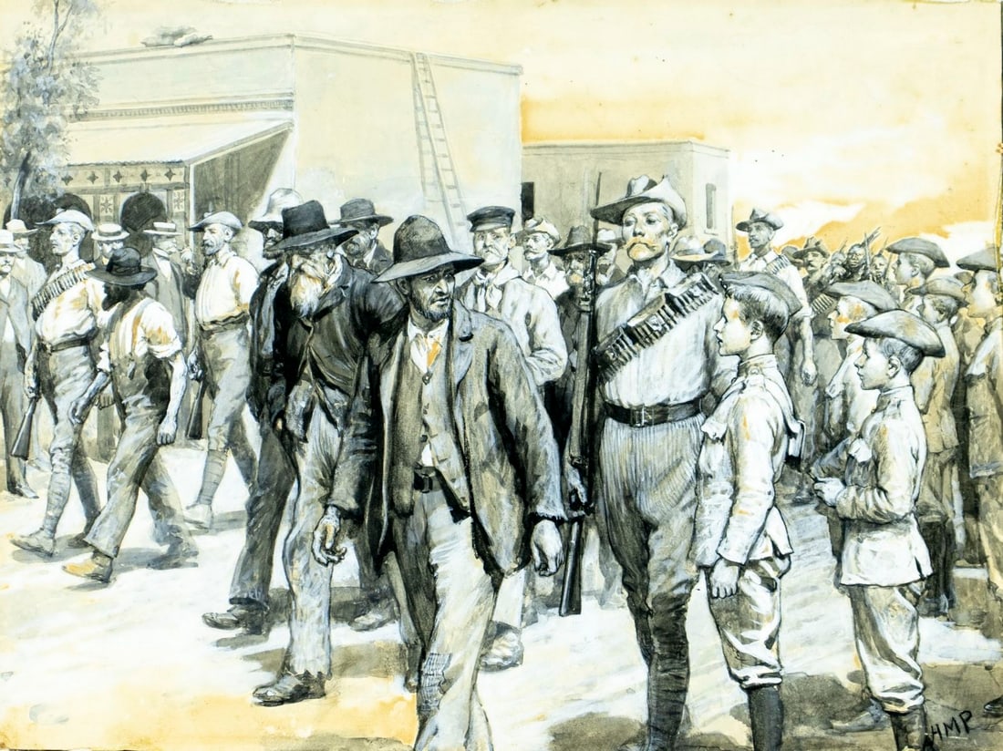 Henry Marriot Paget (UK,1856-1936) watercolor painting antique: ARTIST: Henry Marriot Paget (United Kingdom, 1856 - 1936) TITLE: Illustration with Soldiers MEDIUM: watercolor and gouache on heavy paper CONDITION: Some age toning. Few s