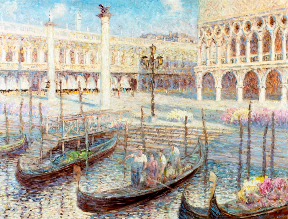 H Jason (Europe,20C) oil painting: ARTIST: H Jason (European, 20 century) TITLE: Venice Cityscape, Italy MEDIUM: oil on canvas CONDITION: Unstretched (In-House stretching available). Missing a few flakes of p