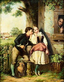 James Clarke Waite (UK,Australia,1832-1921) oil painting antique: ARTIST: James Clarke Waite (British, Australia, 1832 - 1921) NAME: Courting Couple MEDIUM: oil on canvas CONDITION: Relined. Minor craquelure. No visible inpaint under UV light. Minor damage