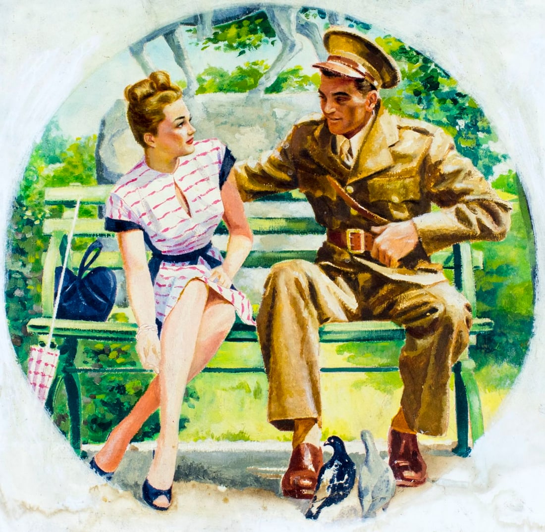 Antique mid 20C American oil painting: ARTIST: - (American, mid 20 century) NAME: Soldier and Woman on Bench MEDIUM: oil on board CONDITION: Minor damages to edges and corners of board. No visible inpaint under UV light. SIGHT
