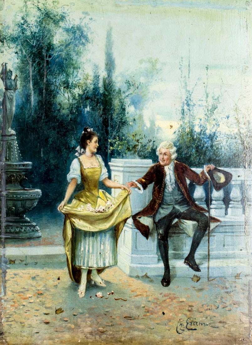 Charles Corpet Etienne (French,1831-1903) oil painting antique: ARTIST: Charles Corpet Etienne (France, 1831 - 1903) NAME: Genre Scene MEDIUM: oil on board CONDITION: Few minor paint losses. Very minor craquelure. Normal wear and minor inpainting along e