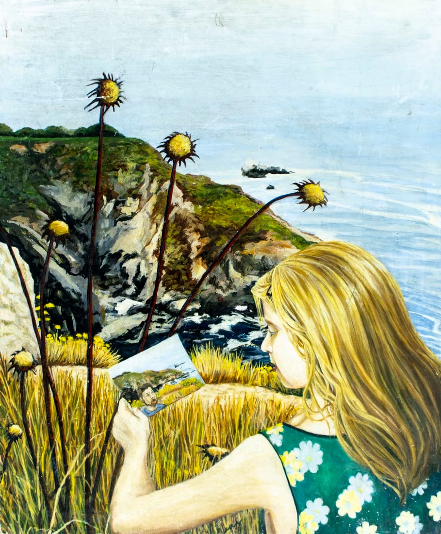 Vintage mid 20C American oil painting signed: ARTIST: - (American, mid 20 century) TITLE: Girl Looking at Photo MEDIUM: oil on board CONDITION: Some damages to corners. Some scratches/paint losses. No visible inpaint