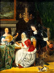 Antique 19C European oil painting AFTER Gabriel Metsu: ARTIST: - (Europe, 19 century) AFTER Gabriel Metsu (Netherlands, 1629 - 1667) TITLE: Woman Composing Music MEDIUM: oil on canvas CONDITION: Relined. Some paint losses. S