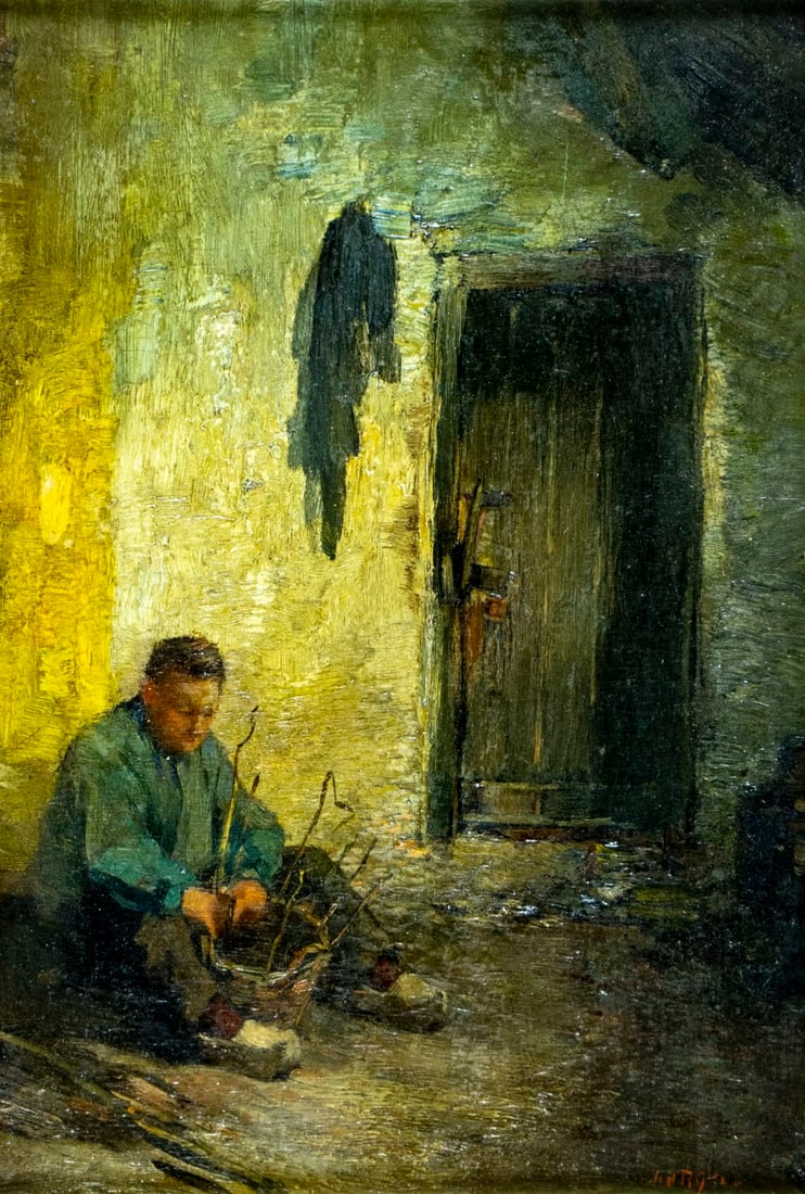 Vintage mid 20C American oil painting signed: ARTIST: - (American, mid 20 century) TITLE: Basket Weaver MEDIUM: oil on canvas CONDITION: Some faint scratches. Minor craquelure. No visible inpaint under UV light. Wear