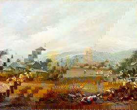 Jose Rodriguez (Spain,20C) oil painting: ARTIST: Jose Rodriguez (Spanish, 20 century) TITLE: Village Scene with Farmers MEDIUM: oil on canvas CONDITION: Some flaking/paint losses (see pictures carefully). Some craq