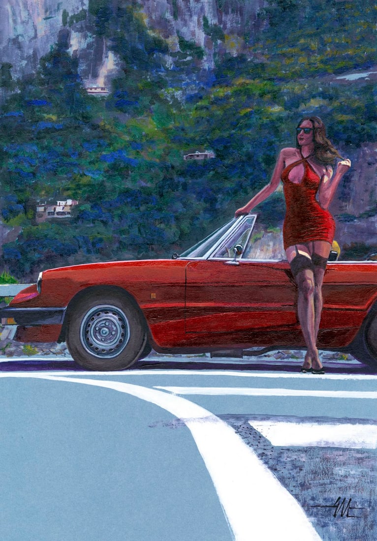 Aleksandr Matushkin (Ukraine,20/21C) pastel painting: ARTIST: Aleksandr Matushkin (Ukrainian, 20/21 centuries) TITLE: Woman by Red Car MEDIUM: pastel on heavy paper CONDITION: Very good. ART SIZE: 17 x 12 in