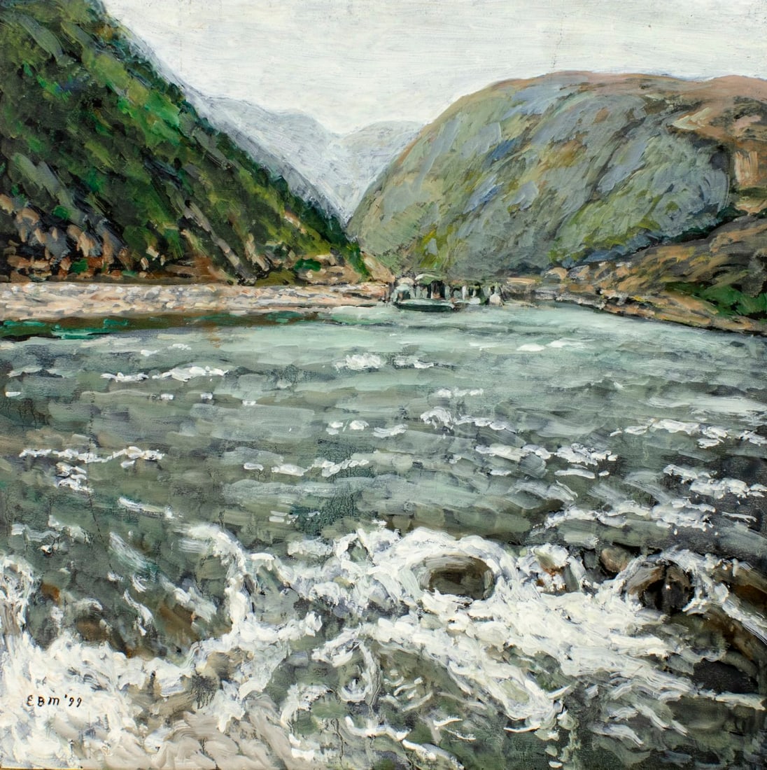 Evelyn Metzger (NY,Brazil,1911-2007) oil painting: ARTIST: Evelyn Borchard Metzger (New York, Brazilian, 1911 - 2007) TITLE: Mountain River Landscape YEAR: 1999 MEDIUM: oil on board CONDITION: Few faint s