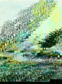 V Sever (Europe,20C) oil painting: ARTIST: V Sever (European, 20 century) TITLE: Summer Landscape MEDIUM: oil on canvas CONDITION: Unstretched (In-House stretching available). Would benefit from cleaning. No