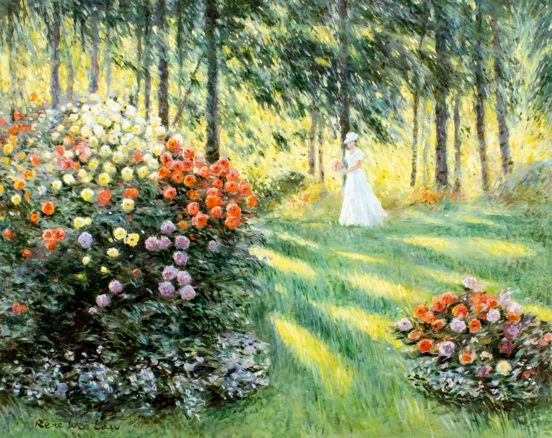 Rene Wei Law (Europe,20C) oil painting: ARTIST: Rene Wei Law (European, 20 century) TITLE: Garden Landscape with Woman in White MEDIUM: oil on canvas CONDITION: Unstretched (In-House stretching available). Missing