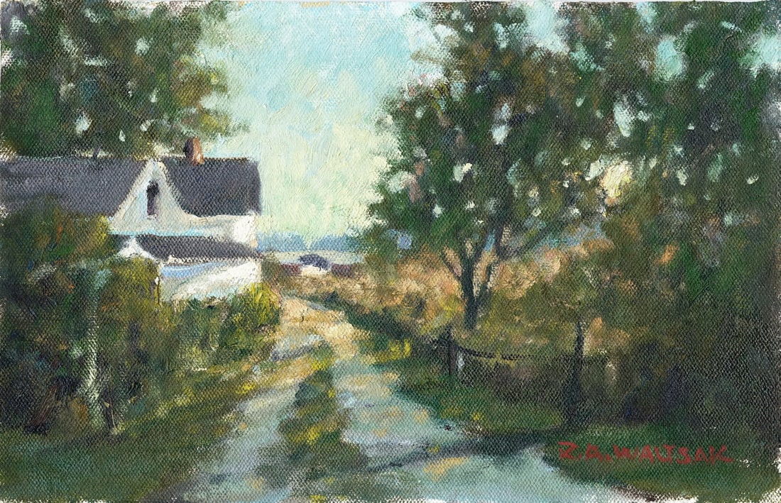 Robert Waltsak (NJ,b 1944) oil painting: ARTIST: Robert Alan Waltsak (New Jersey, born 1944) TITLE: Countryside Landscape with Houses MEDIUM: oil on canvas. Canvas applied to board. CONDITION: Very good. No visible