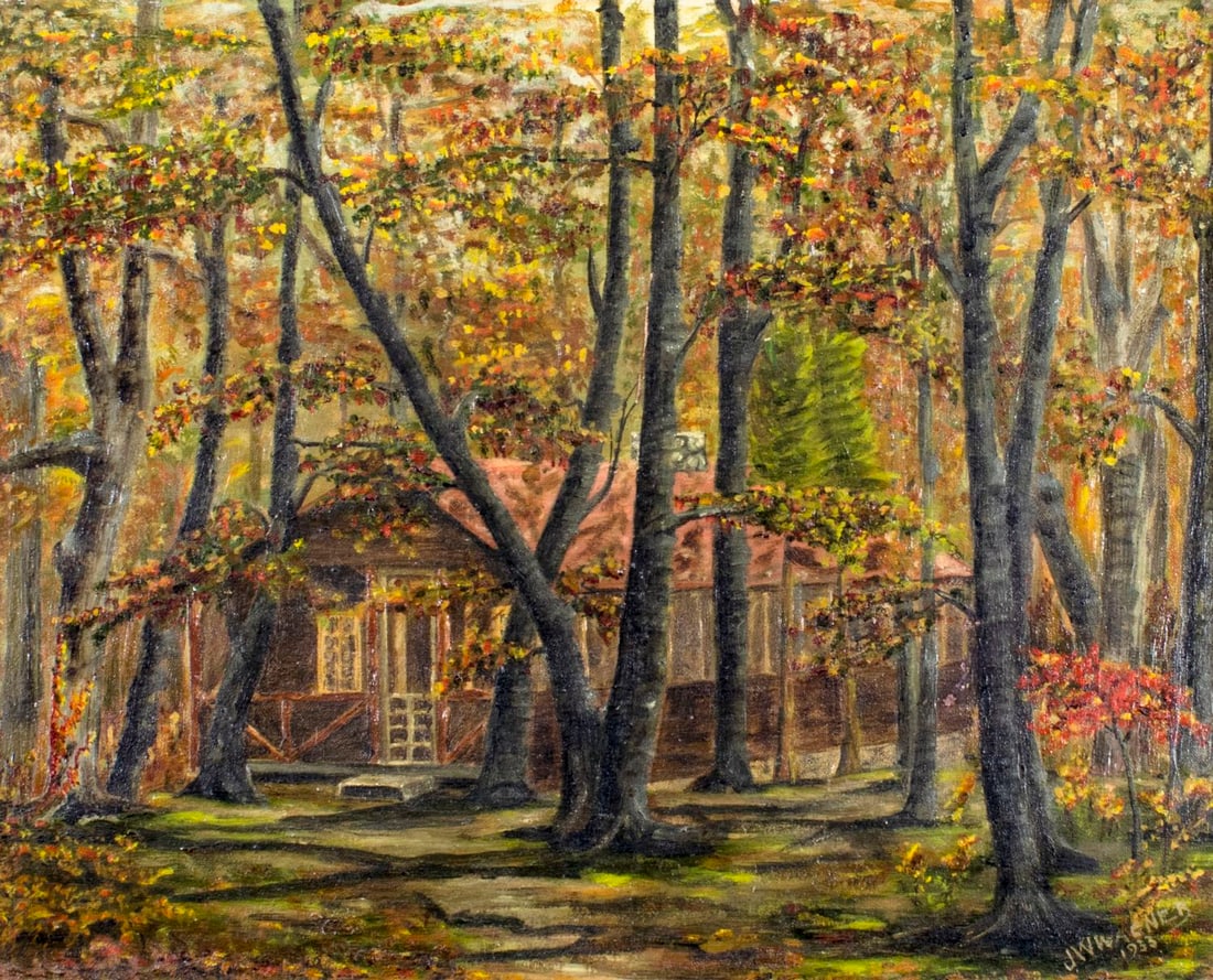 J W Wagner (US,early 20C) oil painting antique: ARTIST: J W Wagner (American, early 20 century) NAME: Forest Landscape with Cottage YEAR: 1933 MEDIUM: oil on canvas board CONDITION: Few small scattered inpaintings. We