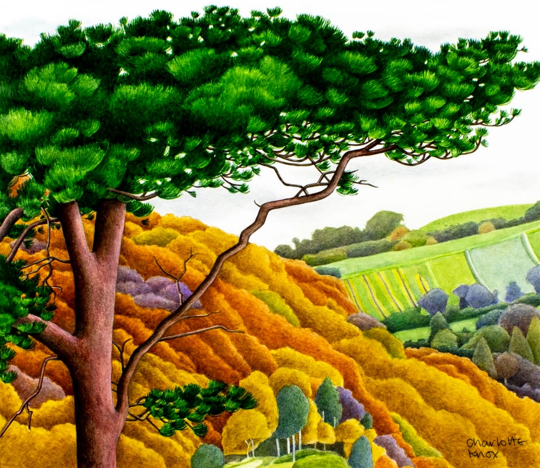 Charlotte Knox (UK,b 1951) watercolor painting: ARTIST: Charlotte Knox (United Kingdom, born 1951) TITLE: Autumn (titled on verso) YEAR: 1993 MEDIUM: watercolor on paper. Paper applied to board. CONDITION: