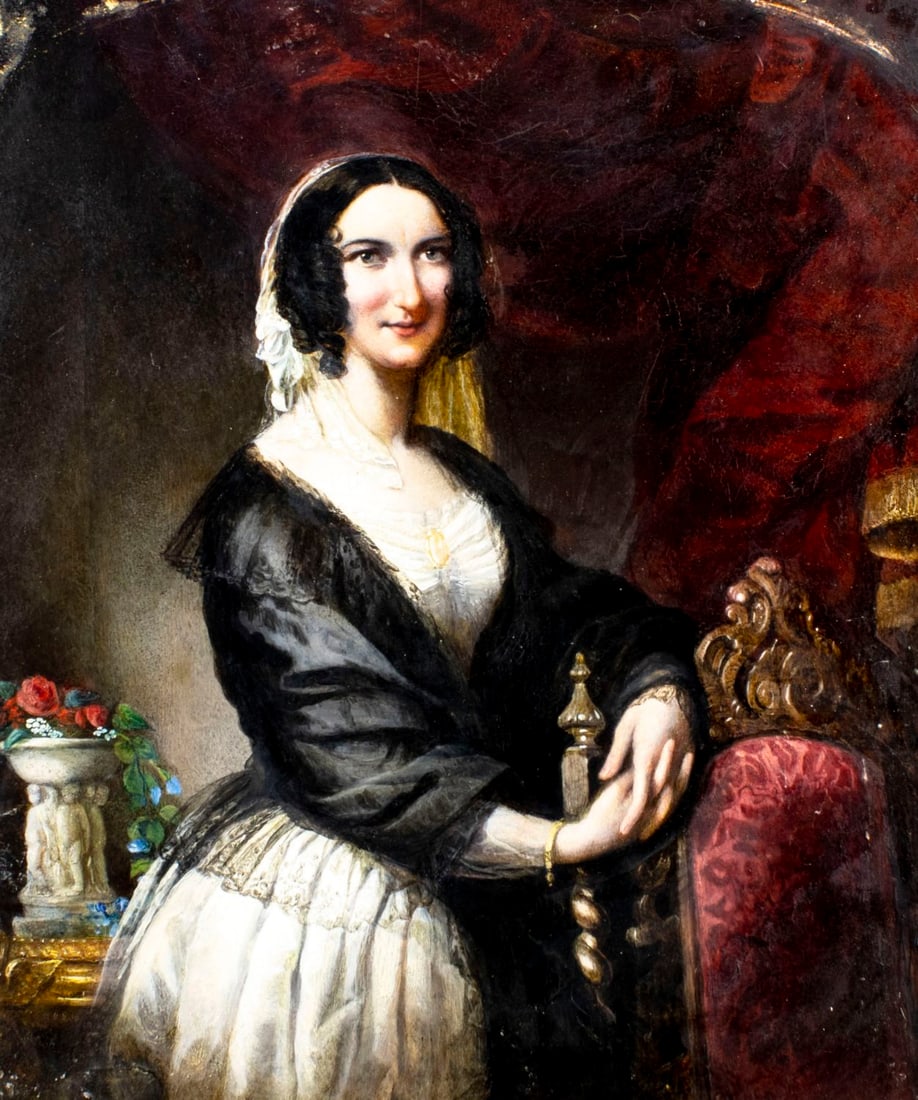 Antique 19C British oil painting: ARTIST: - (United Kingdom, 19 century) TITLE: Portrait of Lady YEAR: circa 1900 MEDIUM: oil on board CONDITION: Some paint losses along edges. Minor cr