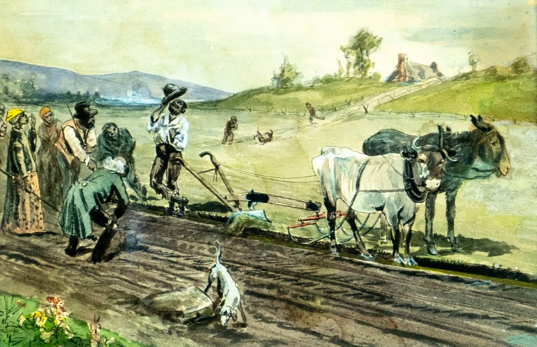 Antique early 20C American watercolor painting: ARTIST: - (American, early 20 century) TITLE: Farm Scene MEDIUM: watercolor on paper CONDITION: Some paint losses mostly along the right edge. Some age toning. Framed unde