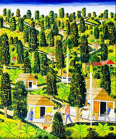 J Felder Dubique (Haiti,20C) oil painting: ARTIST: J Felder Dubique (Haitian, 20 century) TITLE: Haitian Village Landscape MEDIUM: oil on canvas CONDITION: Few minor paint losses. Very minor craquelure. No visible in