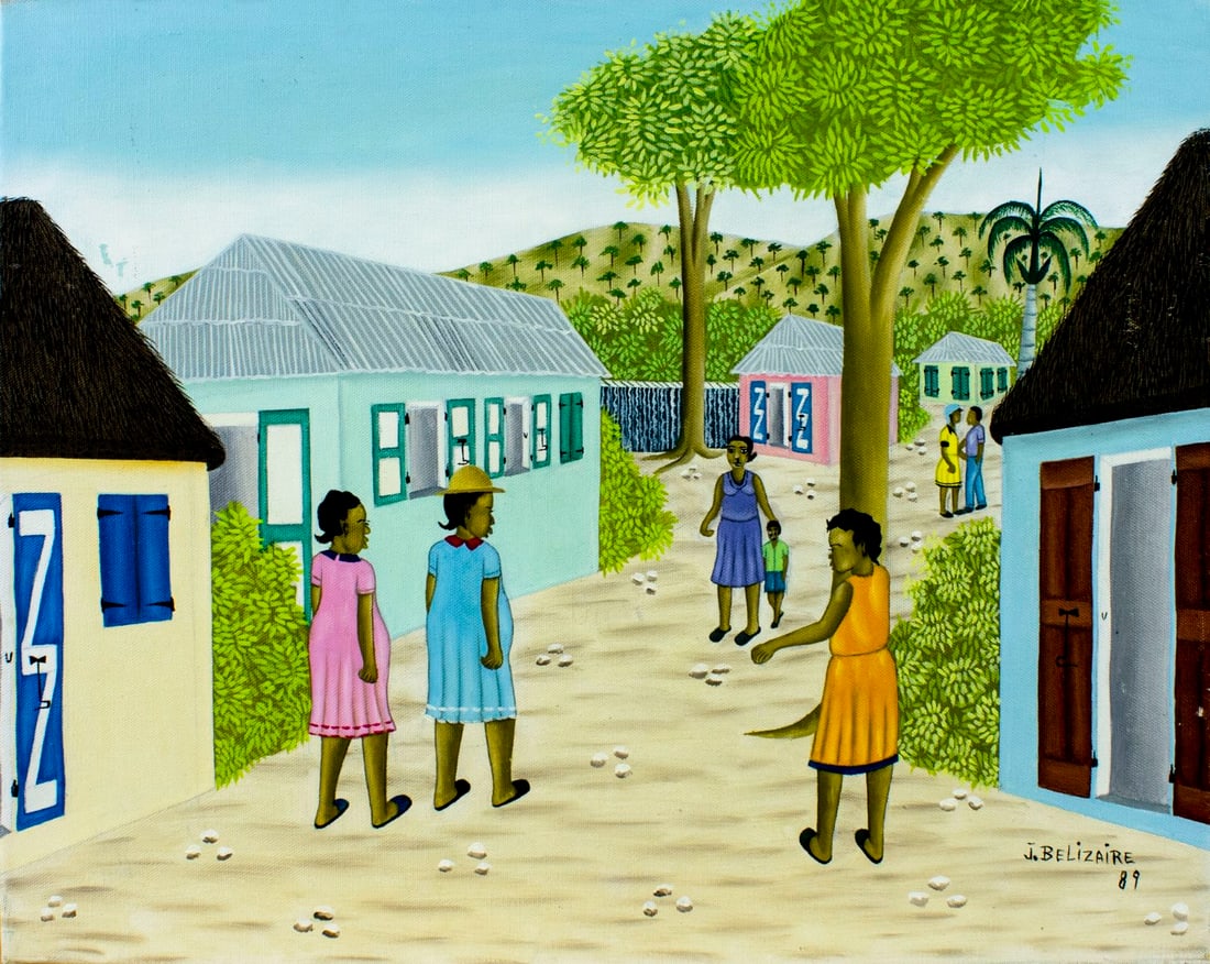 Jacques Belizaire (Haiti,1962-2000) oil painting: ARTIST: Jacques Belizaire (Haitian, 1962 - 2000) TITLE: Haitian Village Scene YEAR: 1989 MEDIUM: oil on canvas CONDITION: Some paint losses mostly by t