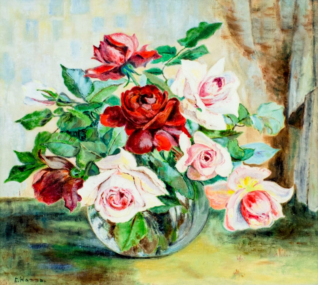 Elsie Hanna (IL,mid 20C) oil painting: ARTIST: Elsie Hanna (Illinois, mid 20 century) NAME: Still Life with Vase of Roses YEAR: 1962 MEDIUM: oil on canvas board CONDITION: Very good. No visible inpaint under U