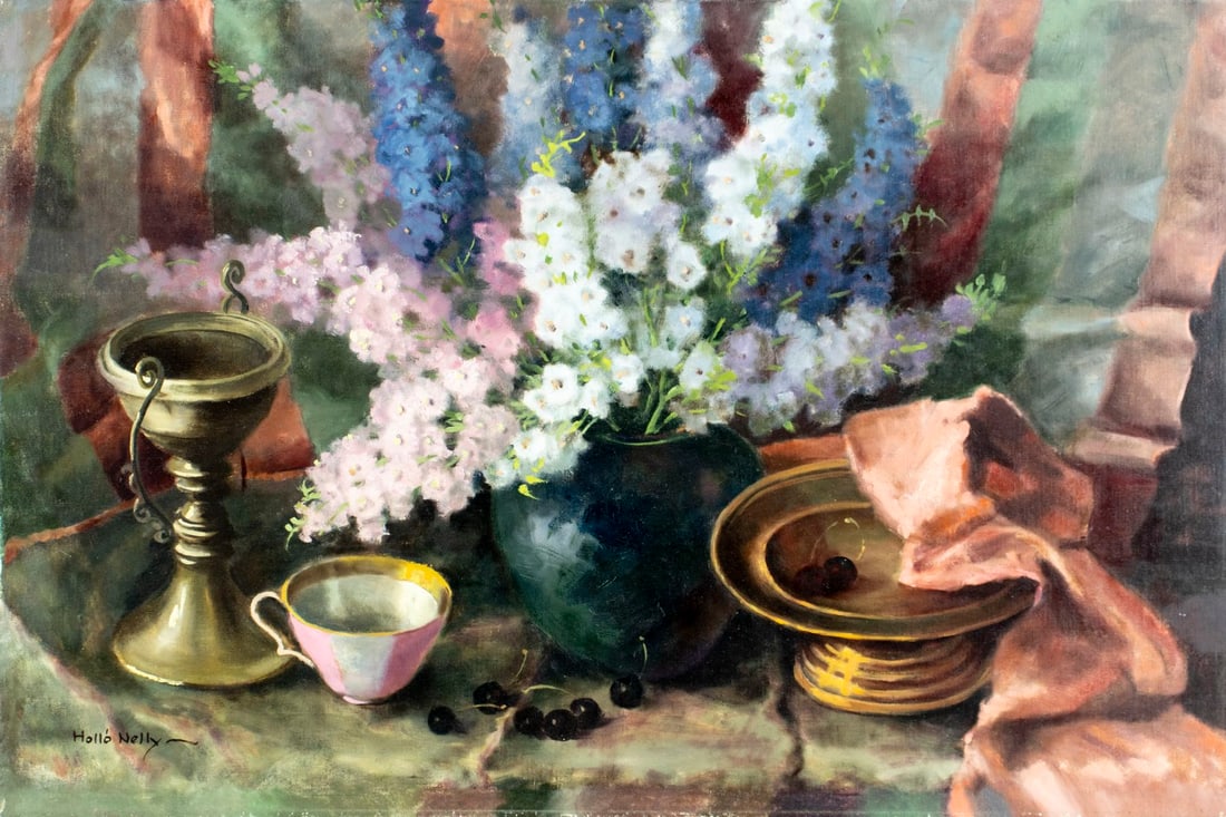 Nelly Hollo (Slovakia,1905-1990) oil painting: ARTIST: Nelly Hollo (Slovakian, 1905 - 1990) TITLE: Still Life with Bowls and Vase of Flowers MEDIUM: oil on canvas CONDITION: Some pinholes along edges. Few minor paint l