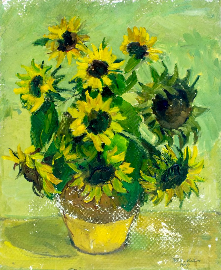 Valdemar Nielsen (Denmark,mid 20C) oil painting: ARTIST: Valdemar Nielsen (Danish, mid 20 century) TITLE: Still Life with Vase of Flowers YEAR: 1967 MEDIUM: oil on board CONDITION: Minor damage to the l