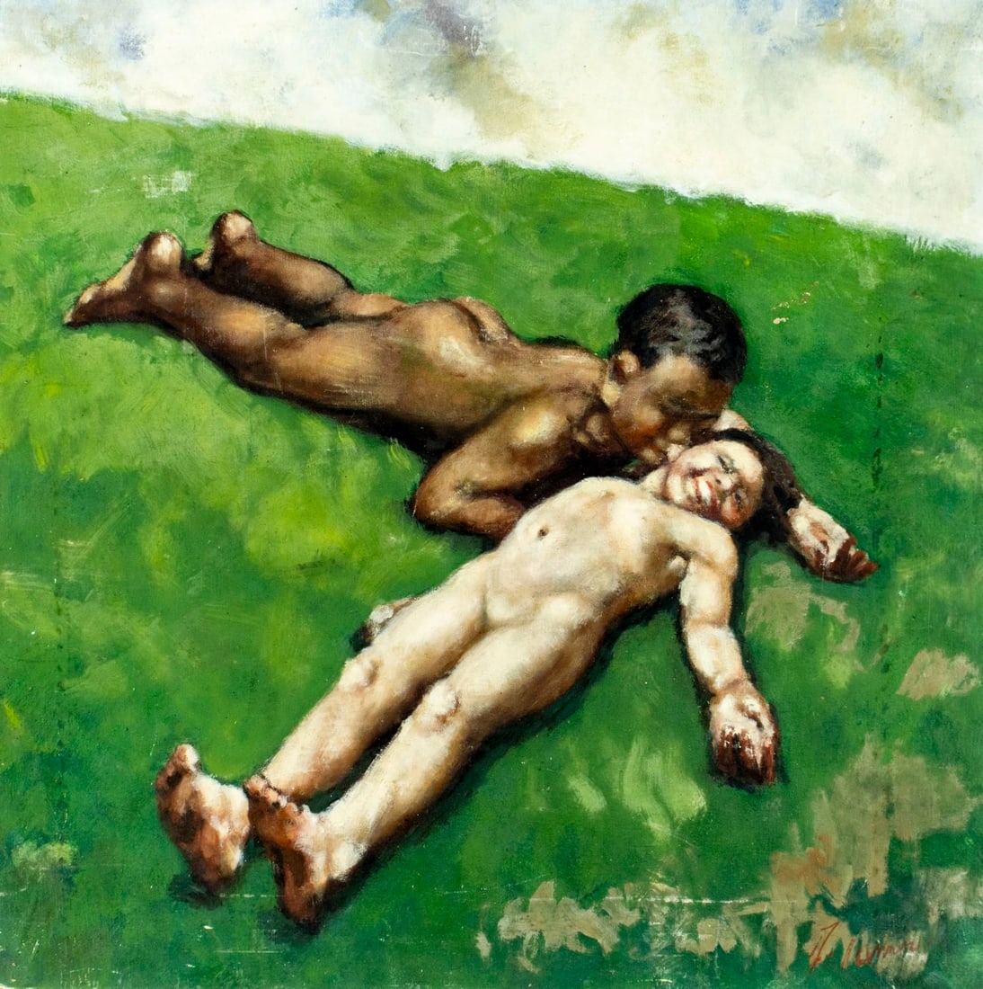 Antique early 20C American oil painting signed: ARTIST: - (American, early 20 century) TITLE: Nude Couple MEDIUM: oil on canvas. Canvas applied to board. CONDITION: Some scratches/paint losses. No visible inpaint under