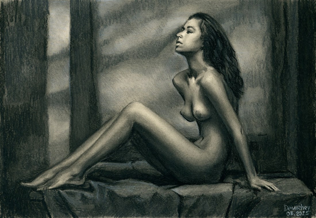 Oleksandr Demichev (Ukraine,20/21C) pastel painting: ARTIST: Oleksandr Demichev (Ukrainian, 20/21 centuries) TITLE: Seated Nude MEDIUM: pastel on heavy paper CONDITION: Very good. ART SIZE: 12 x 17 inches / 30 x 43 cm FRAME SIZE: unframed (In-House