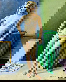 Jose Requena (Venezuela,1913-?) oil painting: ARTIST: Jose Requena (Venezuelan, 1913 - ???) TITLE: Nude - The Model (titled on verso) YEAR: 1983 MEDIUM: oil on canvas CONDITION: Overall good. No vi