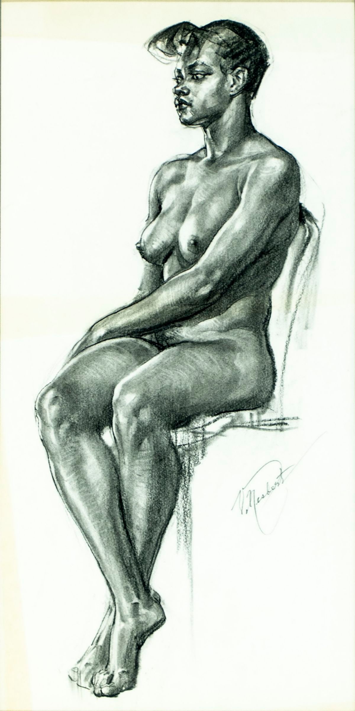 Vincent Nesbert (PA,Poland,1898-1976) graphite painting: ARTIST: Vincent Nesbert (Pennsylvania, Polish, 1898 - 1976) TITLE: Seated Nude MEDIUM: graphite on paper CONDITION: Overall good. Framed under glass. Wear to frame.