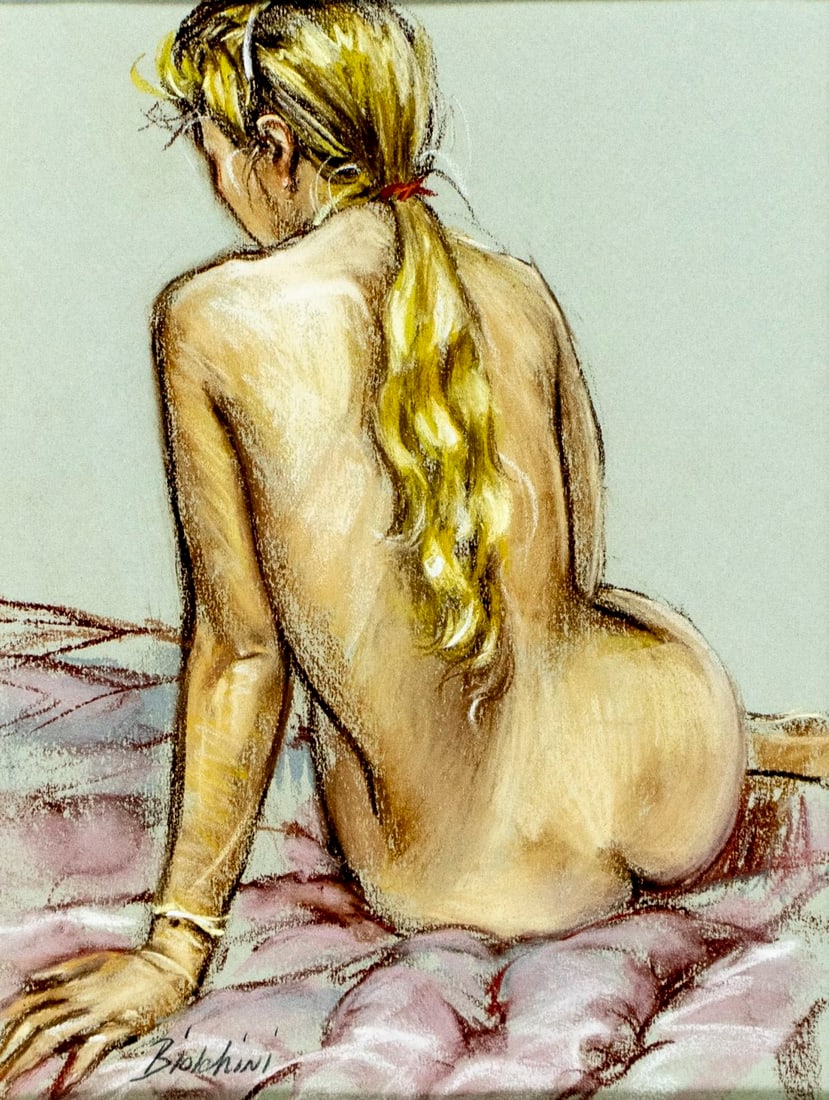 Gregory Biolchini (FL,born 1948) pastel painting: ARTIST: Gregory Biolchini (Florida, b 1948) TITLE: Seated Nude MEDIUM: pastel on paper CONDITION: Minor age toning. Framed under glass. Wear to frame. ART SIZE:</