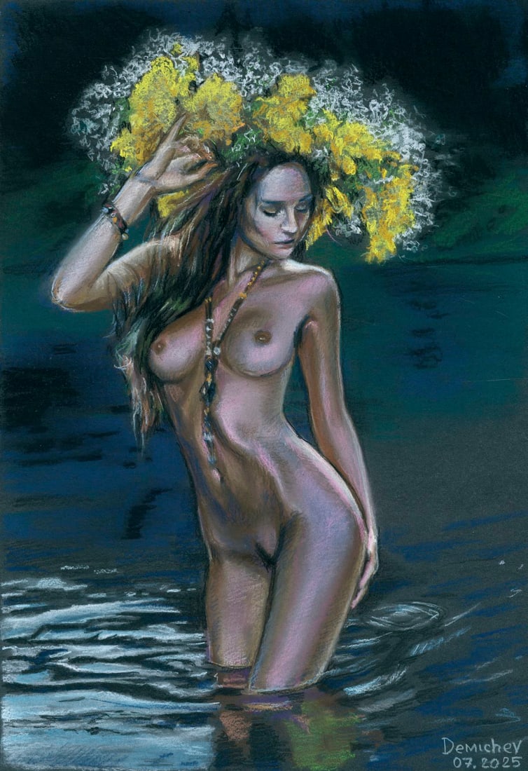 Oleksandr Demichev (Ukraine,20/21C) pastel painting: ARTIST: Oleksandr Demichev (Ukrainian, 20/21 centuries) TITLE: Bathing Nude MEDIUM: pastel on heavy paper CONDITION: Very good. ART SIZE: 17 x 12 inches