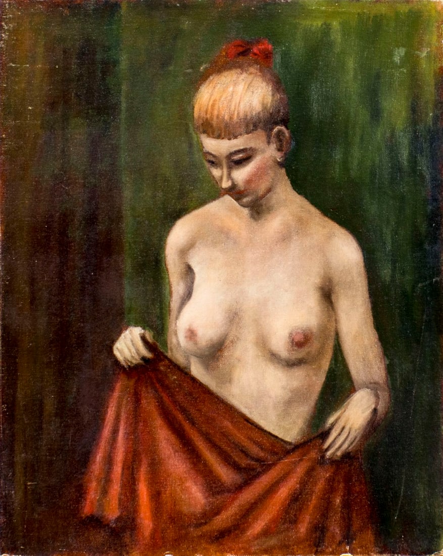 R R Collins (US,20C) oil painting: ARTIST: R R Collins (American, 20 century) NAME: Nude MEDIUM: oil on canvas board CONDITION: Normal wear along edges. No visible inpaint under UV light. SIGHT SIZE: 20 x 16 inches / 50 x