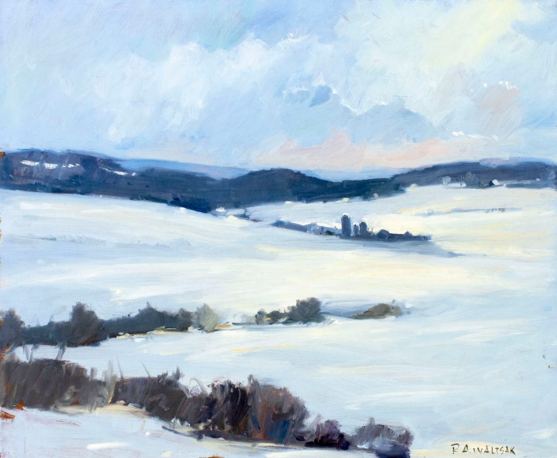 Robert Waltsak (NJ,b 1944) oil painting: ARTIST: Robert Alan Waltsak (New Jersey, born 1944) TITLE: Winter Country Landscape MEDIUM: oil on board CONDITION: Few minor scratches/paint losses along edges. No visible inpaint under UV light.