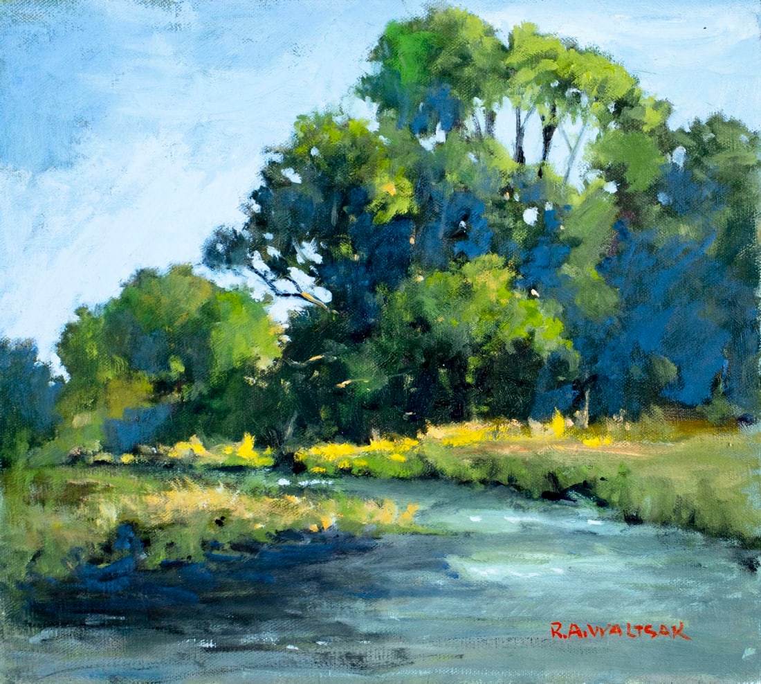 Robert Waltsak (NJ,b 1944) oil painting: ARTIST: Robert Alan Waltsak (New Jersey, born 1944) TITLE: River Landscape MEDIUM: oil on canvas CONDITION: Overall good. No visible inpaint under UV light. Normal wear along edges. ART SIZE: 18 x 20