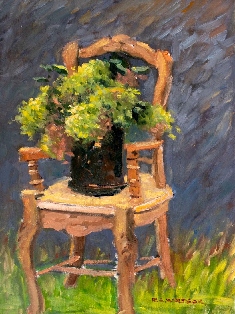 Robert Waltsak (NJ,b 1944) oil painting: ARTIST: Robert Alan Waltsak (New Jersey, born 1944) TITLE: Still Life with Chair and Flower Pot MEDIUM: oil on canvas CONDITION: Very good. No visible inpaint under UV light. ART SIZE: 24 x 18 inches