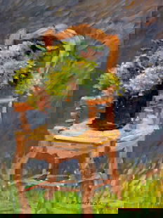 Robert Waltsak (NJ,b 1944) oil painting: ARTIST: Robert Alan Waltsak (New Jersey, born 1944) TITLE: Still Life with Chair and Flower Pot MEDIUM: oil on canvas CONDITION: Very good. No visible inpaint under UV light. ART SIZE: 24 x 18 inches