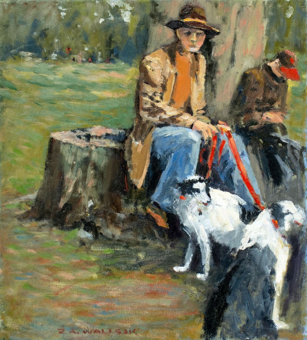 Robert Waltsak (NJ,b 1944) oil painting: ARTIST: Robert Alan Waltsak (New Jersey, born 1944) TITLE: Man with Dogs, Savannah, Georgia (titled on verso) YEAR: 2013 MEDIUM: oil on canvas CONDITION: Very good. No visible inpaint under UV light.