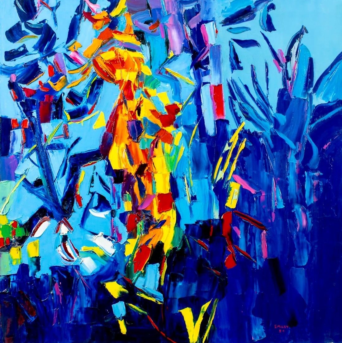 Sidney Smiley (WA,IL,1912-2002) acrylic painting: ARTIST: Sidney Smiley (Washington, Illinois, 1912 - 2002) TITLE: Abstract Composition YEAR: 1984 MEDIUM: acrylic on canvas CONDITION: Few minor scratch