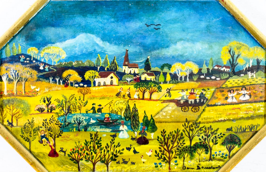 Vintage mid 20C French oil painting signed: ARTIST: - (France, mid 20 century) TITLE: Village Scene MEDIUM: oil on canvas. Canvas applied to board. CONDITION: Few minor paint losses. No visible inpaint under UV light. Wear to frame. ART