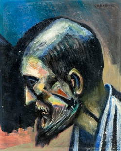 William Corasick (PA,1907-2002) oil painting: ARTIST: William W Corasick (Pennsylvania, 1907 - 2002) TITLE: Portrait of Man MEDIUM: oil on board CONDITION: Few small paint losses. No visible inpaint under UV light. Normal wear along edges. ART