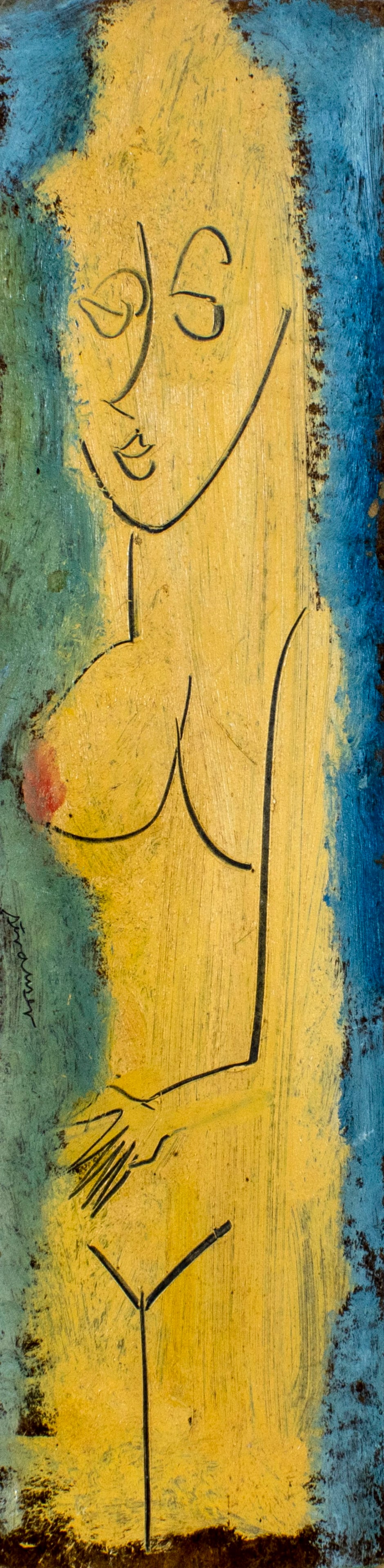 Sterling Strauser (PA,1907-1995) oil painting: ARTIST: Sterling Boyd Strauser (Pennsylvania, 1907 - 1995) TITLE: Nude MEDIUM: oil on board CONDITION: Very good. No visible inpaint under UV light. ART SIZE: 24 x 6 inches / 60 x 15 cm FRAME SIZE: