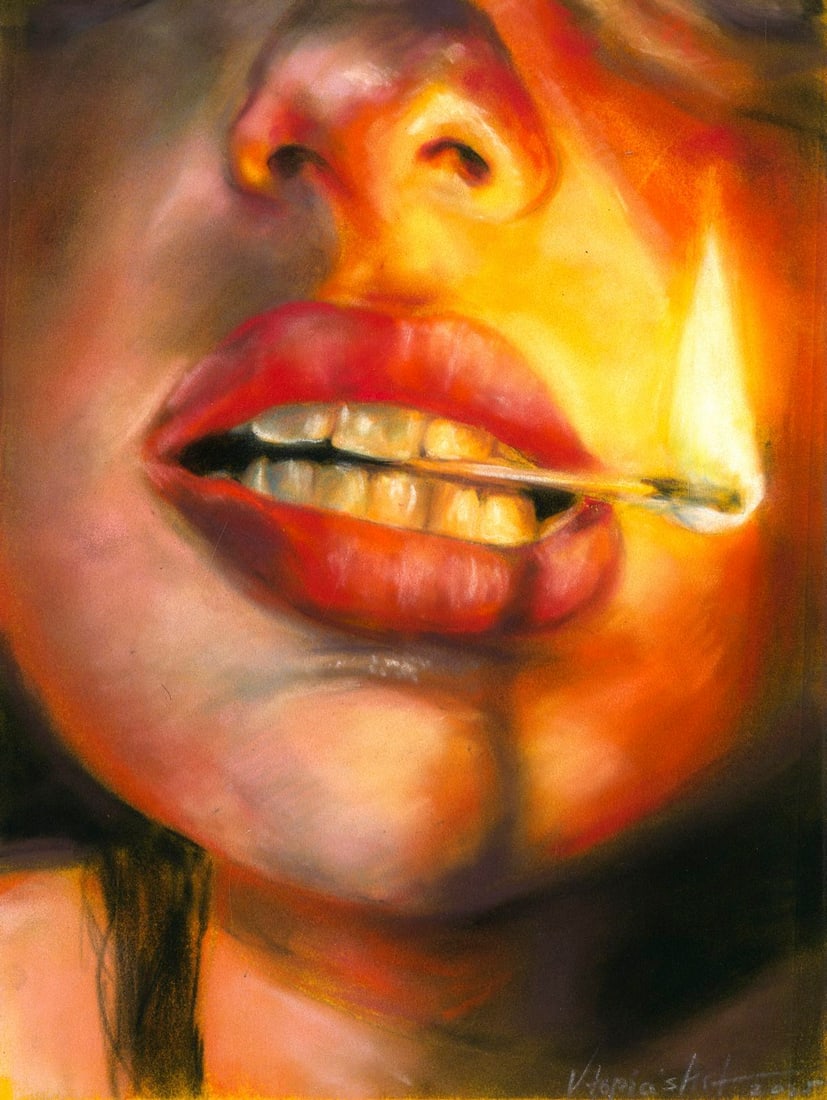 Olesya Grebenyuk (Ukraine,20/21C) pastel painting: ARTIST: Olesya Grebenyuk (Ukrainian, 20/21 centuries) TITLE: Female Lips MEDIUM: pastel on heavy paper CONDITION: Few minor scratches. ART SIZE: 12 x 8 inches / 30 x 20 cm FRAME SIZE: unframed