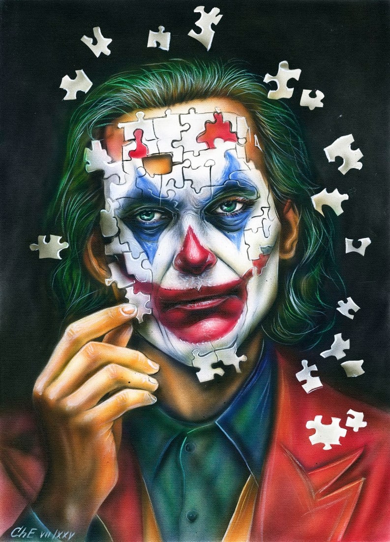 Evgeniy Chunikhin (Ukraine,b 1976) acrylic painting: ARTIST: Evgeniy Chunikhin (Ukrainian, born 1976) TITLE: Portrait of Joker MEDIUM: acrylic on heavy paper CONDITION: Few minor paint losses. ART SIZE: 16 x 12 inches / 40 x 30 cm FRAME SIZE: unframed