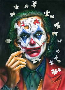 Evgeniy Chunikhin (Ukraine,b 1976) acrylic painting: ARTIST: Evgeniy Chunikhin (Ukrainian, born 1976) TITLE: Portrait of Joker MEDIUM: acrylic on heavy paper CONDITION: Few minor paint losses. ART SIZE: 16 x 12 inches / 40 x 30 cm FRAME SIZE: unframed