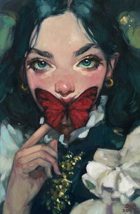 Anna Shariha (Ukraine,b 1998) oil painting: ARTIST: Anna Shariha (Ukrainian, born 1998) TITLE: Woman with Butterfly MEDIUM: oil on heavy paper CONDITION: Very good. No visible inpaint under UV light. ART SIZE: 12 x 8 inches / 30 x 20 cm FRAME