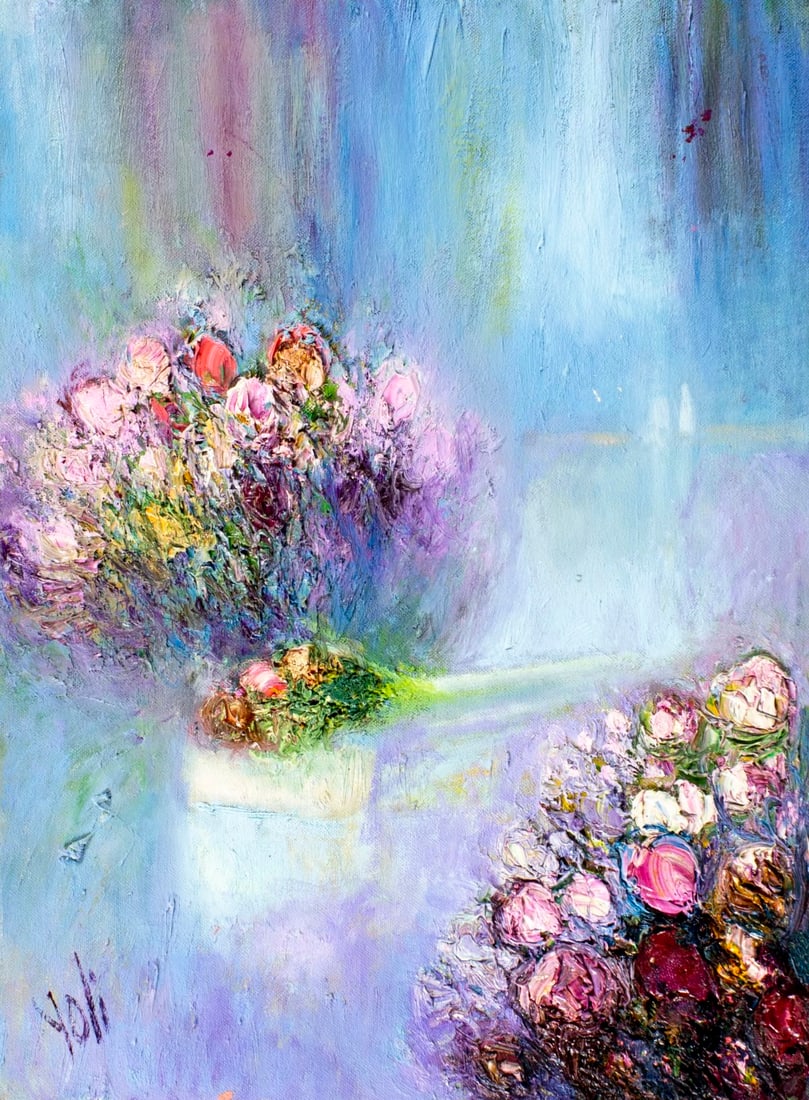 Yolanda Razzeto (Peru,1948-?) oil painting: ARTIST: Yolanda Razzeto (Peruvian, 1948 - ???) TITLE: Lake Landscape MEDIUM: oil on canvas CONDITION: Unstretched (In-House stretching available). Missing a few flakes of