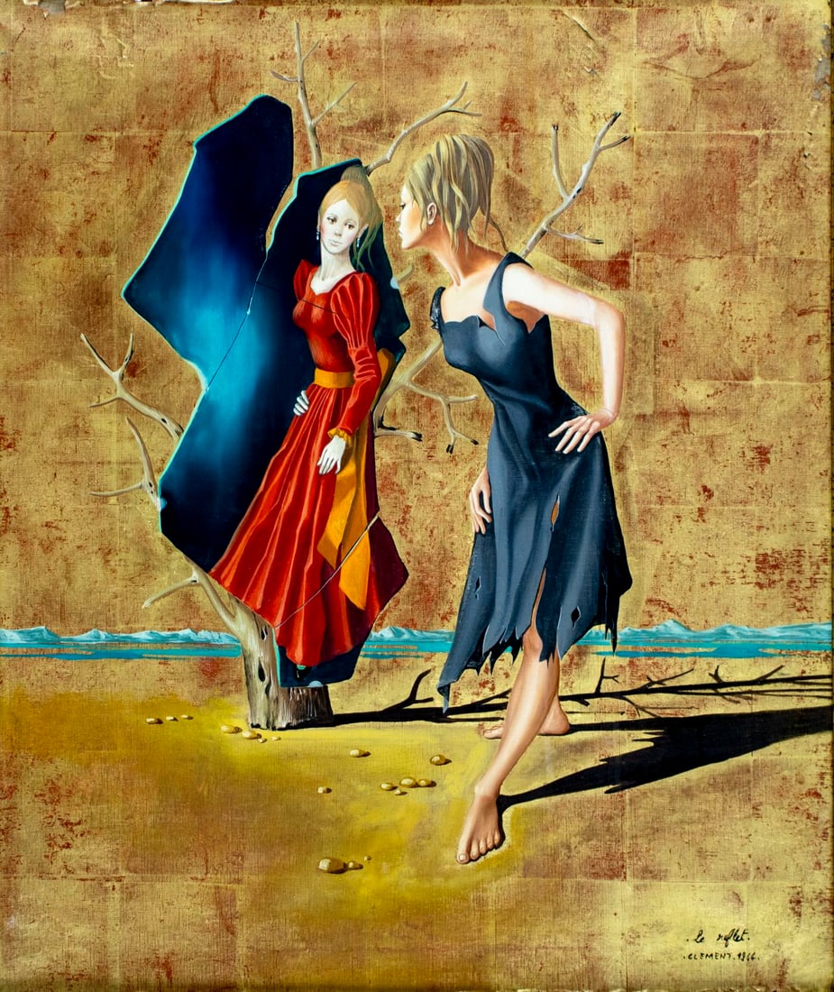 Jean Pierre Clement (French,1943-?) oil painting: ARTIST: Jean Pierre Clement (France, 1943 - ???) TITLE: Le Reflet YEAR: 1964 MEDIUM: oil on canvas CONDITION: Some flaking/paint losses. Some craquelure. No visible inpaint under UV light. Some