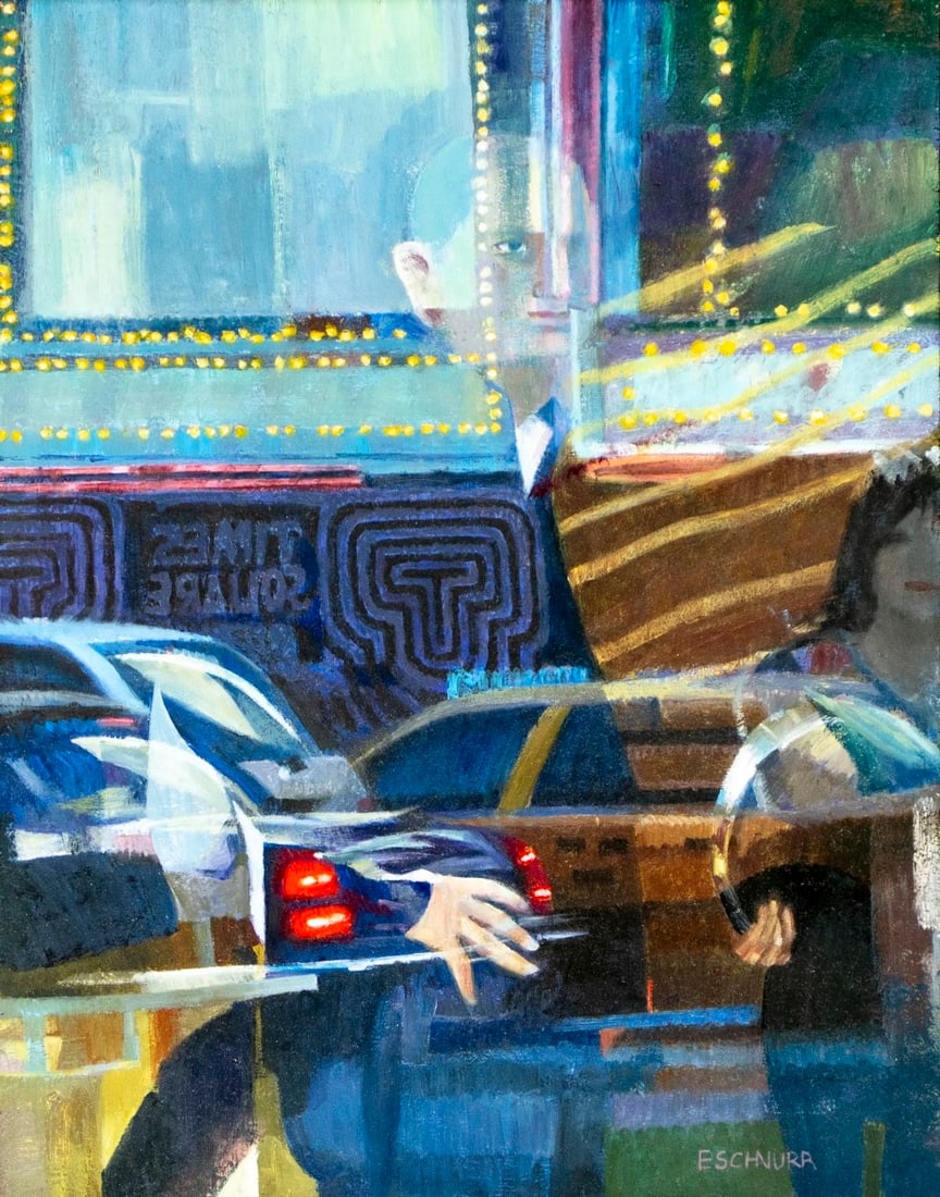 Elinore Schnurr (NY,OH,1932-?) oil painting: ARTIST: Elinore Schnurr (New York, Ohio, 1932 - ???) TITLE: Man in Reflection (titled on verso) MEDIUM: oil on board CONDITION: Very good. No visible inpaint under UV light. Wear to frame. ART