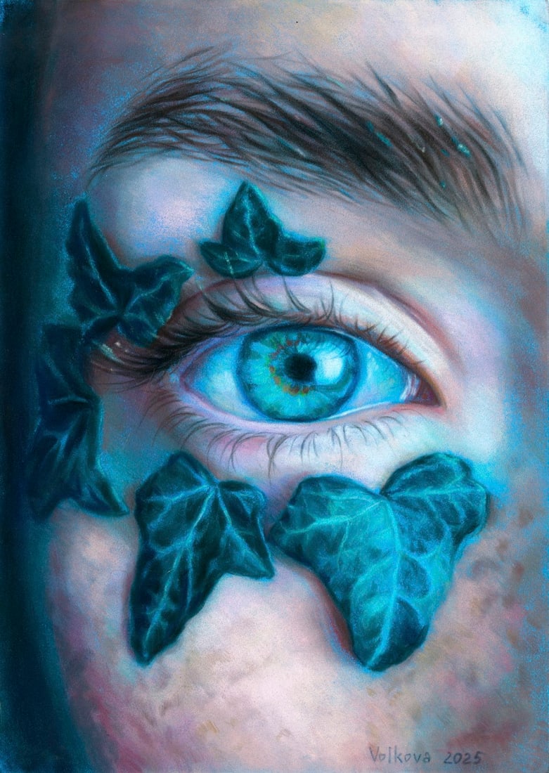 Anna Volkova (Ukraine,20/21C) pastel painting: ARTIST: Anna Volkova (Ukrainian, 20/21 centuries) TITLE: Female Eye MEDIUM: pastel on heavy paper CONDITION: Very good. ART SIZE: 12 x 8 inches / %HEIGHTCM% x %WIDTHCM% cm FRAME SIZE: unframed