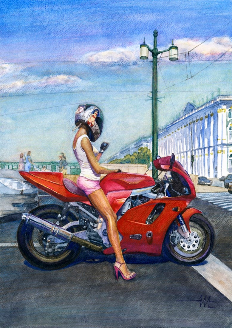 Aleksandr Matushkin (Ukraine,20/21C) watercolor painting: ARTIST: Aleksandr Matushkin (Ukrainian, 20/21 centuries) TITLE: Woman on Motorbike MEDIUM: watercolor on heavy paper CONDITION: Very good. ART SIZE: 17 x 12 inches / 43 x 30 cm FRAME SIZE: unframed