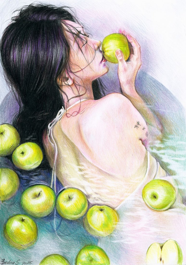 Svetlana Bedna (Ukraine,b 1982) colored pencil painting: ARTIST: Svetlana Bedna (Ukrainian, born 1982) TITLE: Woman in Bath with Apples MEDIUM: colored pencil on paper CONDITION: Very good. ART SIZE: 12 x 8 inches / 30 x 20 cm FRAME SIZE: unframed