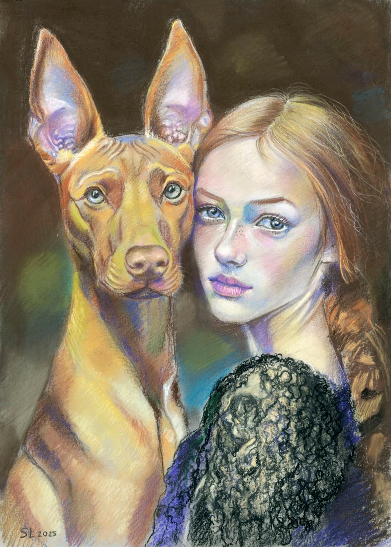 Lyudmila Siabro (Ukraine,20/21C) pastel painting: ARTIST: Lyudmila Siabro (Ukrainian, 20/21 centuries) TITLE: Woman with Dog MEDIUM: pastel on heavy paper CONDITION: Very good. ART SIZE: 17 x 12 inches / 43 x 30 cm FRAME SIZE: unframed (In-House